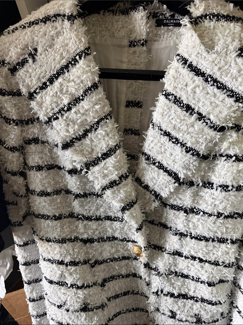 Balmain Black & White Striped Bouclé Pea Coat - Picture 6 of 6